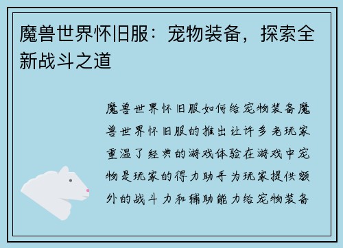 魔兽世界怀旧服：宠物装备，探索全新战斗之道