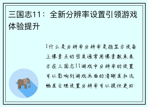 三国志11：全新分辨率设置引领游戏体验提升