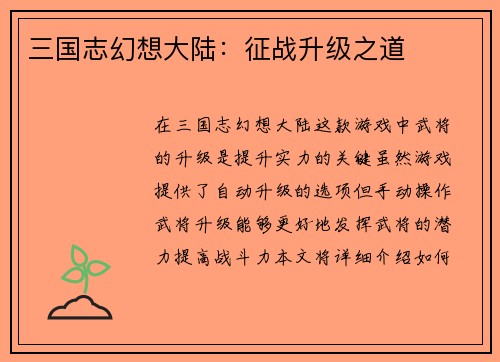 三国志幻想大陆：征战升级之道